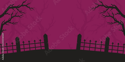 Dark cemetery background with wrought iron fence, tombstones, twisted trees, and spooky silhouettes.