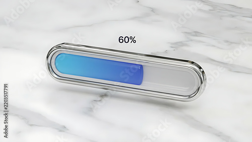 3D Render of a Metallic Chrome Glass Capsule Loading Bar Displaying 60 Percent Progress with Blue Fill on Marble Surface Background