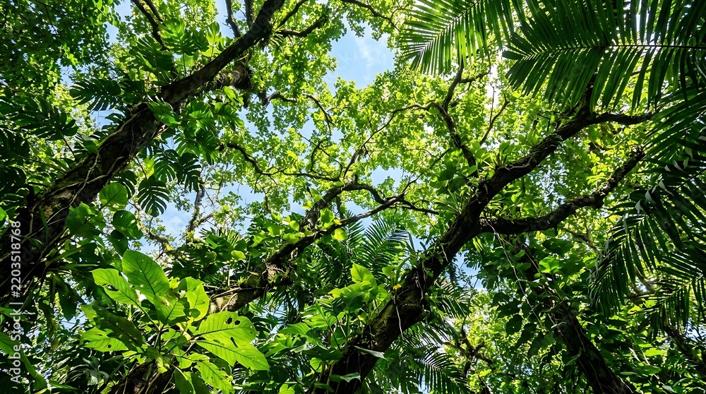 Fototapeta premium Lush tropical foliage canopy showcasing vibrant greenery for nature-inspired branding and wellness content