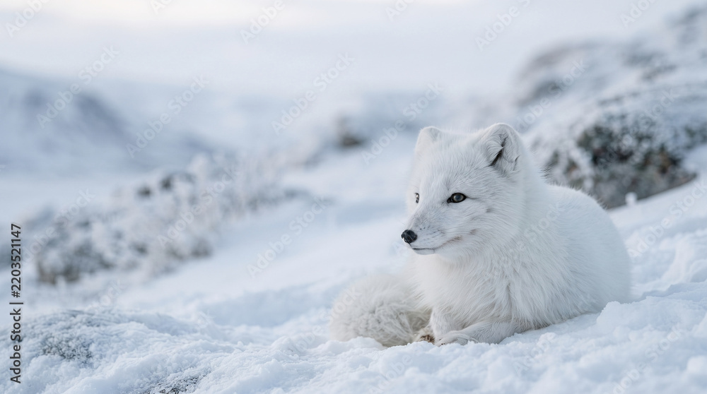 Obraz premium Arctic fox resting in snow covered winter landscape during daytime