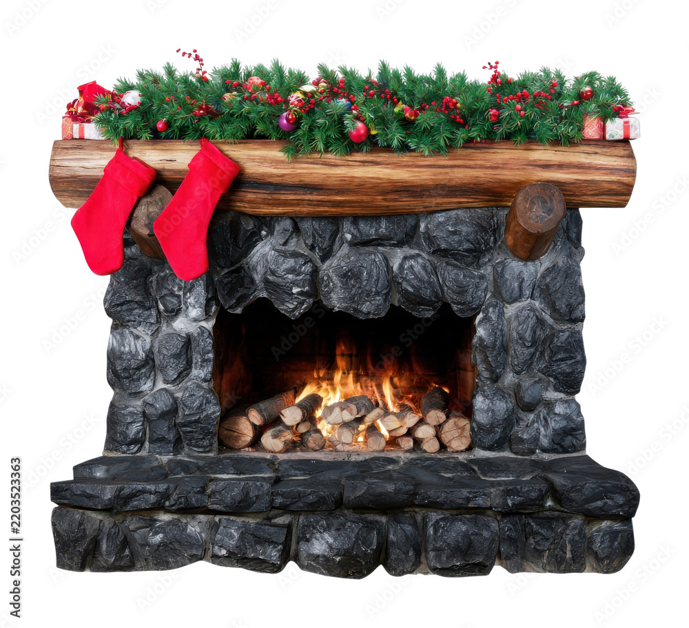 Obraz premium PNG Rustic Christmas fireplace with stockings, greenery, ornaments, glowing fire