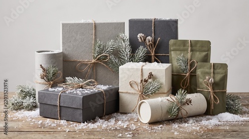 Elegant Winter Gift Boxes with Evergreen Branches and Snow