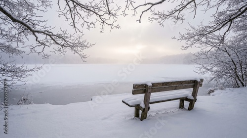 Snow Covered Park Bench Overlooking Peaceful Winter Landscape