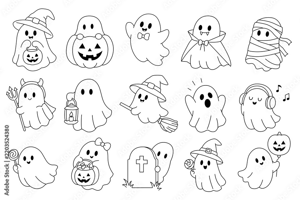 Obraz premium Cute Halloween ghost icons set line art coloring book vector illustration