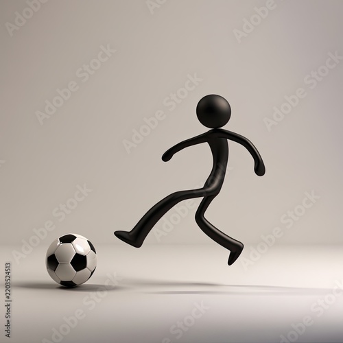 Simple Stick Figure Kicking a Soccer Ball in Studio Lighting.