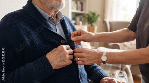 Professional Caregiver Helping Elderly Senior Adult Button Cardigan at Home During Daily Living Assistance