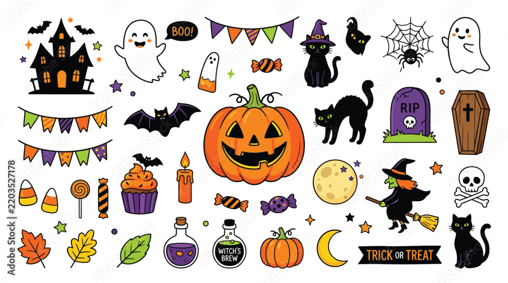 Obraz premium Vibrant halloween vector illustration set featuring cute spooky icons for seasonal autumn celebration graphic design projects