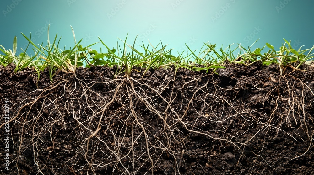 Obraz premium Plant roots and soil cross section showing green grass blades against blue background