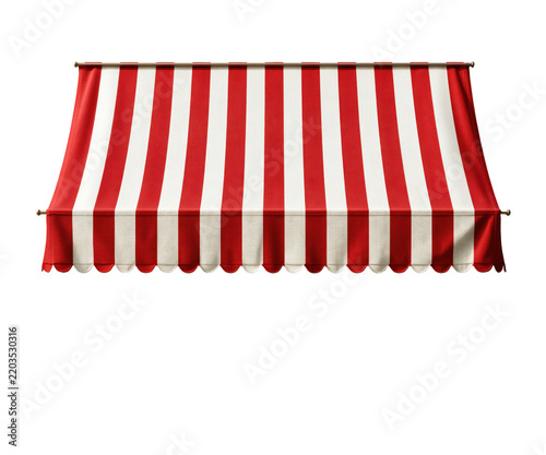 Red and white striped fabric awning isolated on a white background