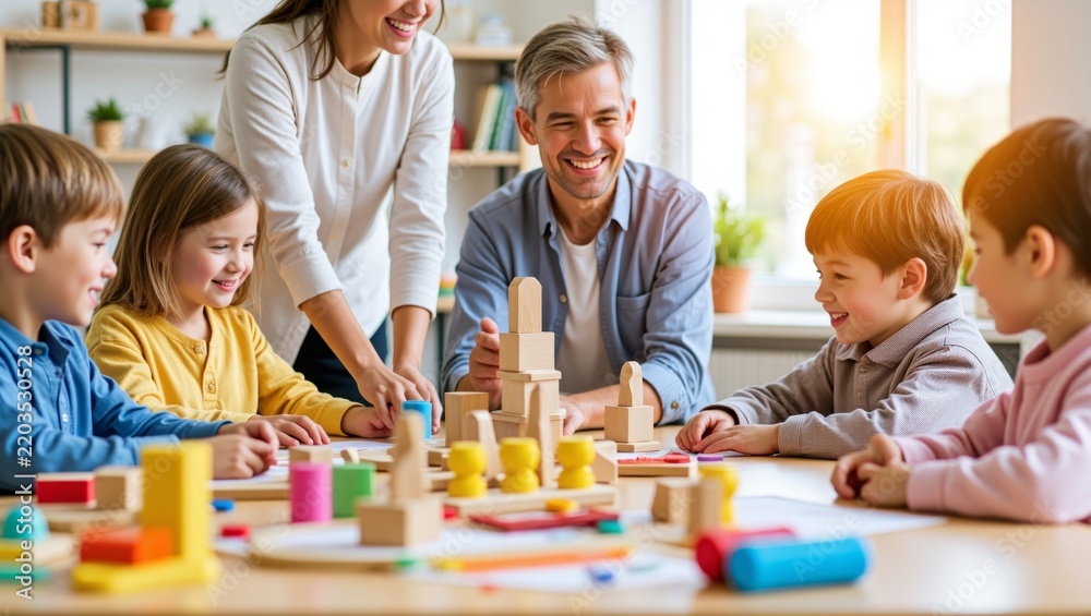 Obraz premium Happy children and teachers interacting, building with wooden blocks on a table, representing early childhood education and development