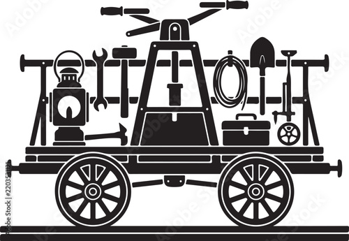 Vintage railway handcar silhouette, antique railroad maintenance trolley with tools, black and white vector illustration of a manual rail cart