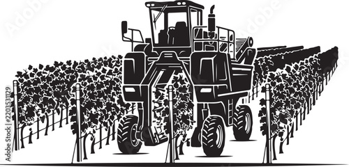 Vintage grape harvester vector illustration, industrial vineyard harvesting machine in field, black and white agricultural equipment for wine production