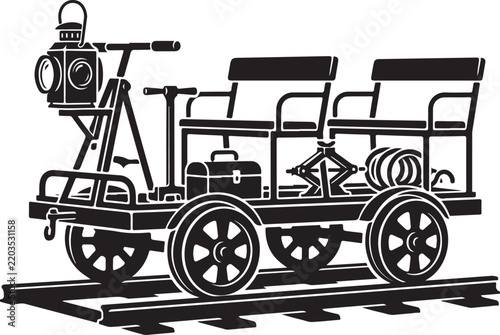 Vintage railroad handcar vector illustration, antique railway maintenance trolley with lantern, retro track inspection vehicle silhouette