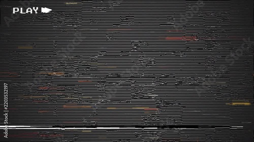  vhs rewind glitch effect  Text play VHS crt screen digital glitch. Videotape. Black background  static noise. 4k video
