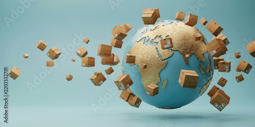 3D globe surrounded by floating cardboard shipping boxes, global logistics and international delivery concept on blue background