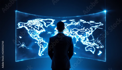 Business Professional Standing Before a Digital World Map Display