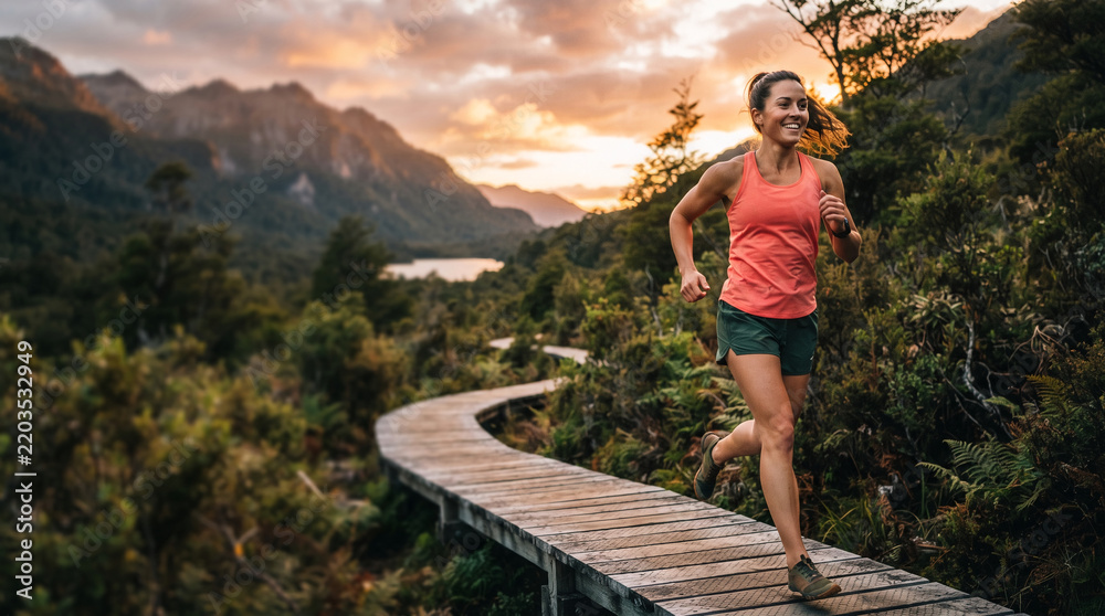 Obraz premium Woman running on a boardwalk path through a forest at sunset