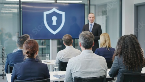 Business meeting with a speaker presenting cybersecurity protection, shield icon with a keyhole on a large screen in a glass-walled office