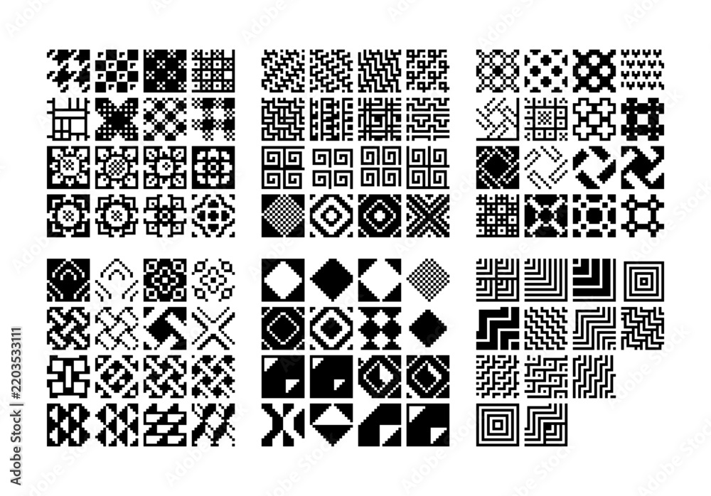 Fototapeta premium Collection of black and white pixel patterns featuring geometric shapes, mazes, spirals, grids, diamonds, crosses and repeating motifs. Ideal for retro games, textures, tiles and digital backgrounds.