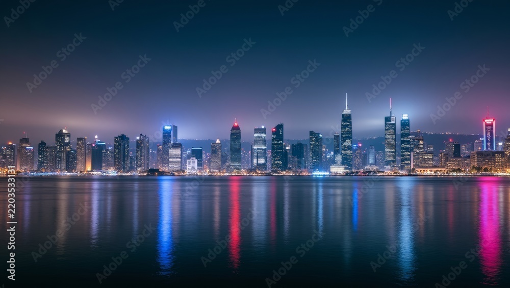 Fototapeta premium Modern city skyline illuminating night harbor with vibrant reflections, urban landscape showcasing progress and architecture