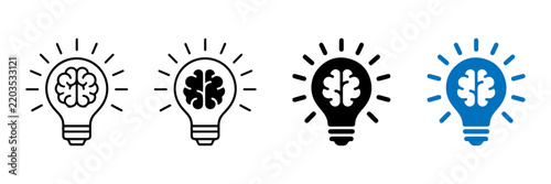 Brain light bulb icon collection with creative intelligence symbols. Concept of ideas, innovation, creativity, intelligence, education, problem solving, knowledge, technology for vector illastration.