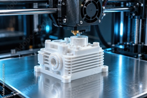 3D Printer Creating Complex Part: A high-tech 3D printer meticulously builds a intricate white plastic component layer by layer, showcasing the precision and innovation of modern manufacturing.