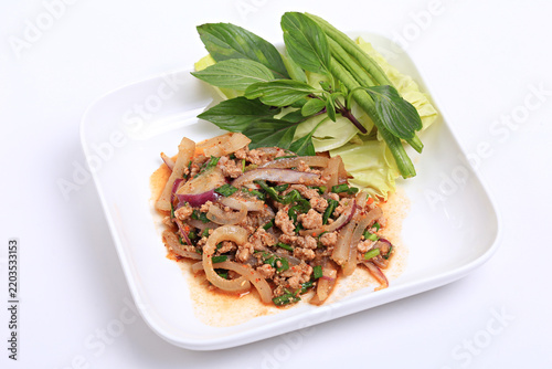 Konstfotografi Thai Style Spicy Minced Pork Salad or Laab Moo, Spicy minced chicken salad serve