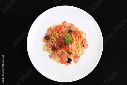 Spaghetti with Bacon and Dried Chili. Food photography for use in menu