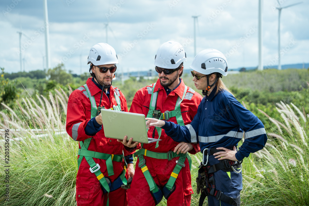 Fototapeta premium A team of engineers in safety gear gathers outdoors to review data on a laptop computer. They discuss a project plan while working near a wind farm field under an open sky.