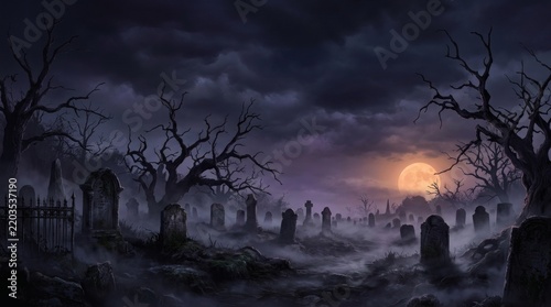 Haunted Graveyard Wide Shot Foggy Night Negative Space No Text

