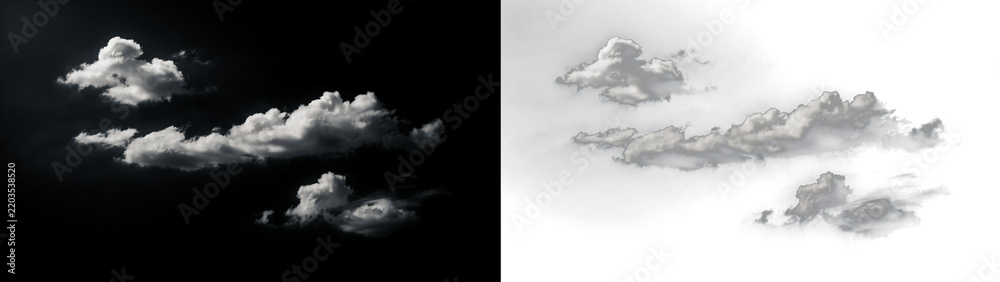 Naklejka premium Set of white clouds isolated on black background and transparent background, realistic cumulus cloud formations for sky replacement and photo editing