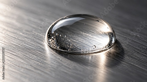 Clear resin droplet suspended on brushed aluminum