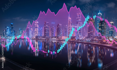 Obraz na plátně Futuristic cityscape at night with a vibrant stock market graph overlay, reflecting financial growth and technological advancement over water