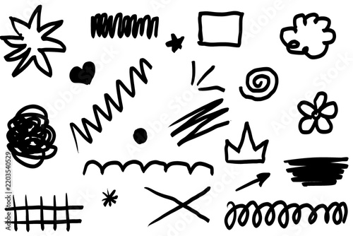Set of hand-drawn doodle elements, abstract black sketches
