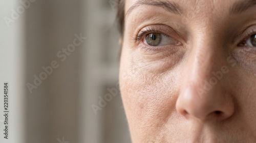 Close up of mature woman skin showing under eye puffiness and fine lines for skincare concept
