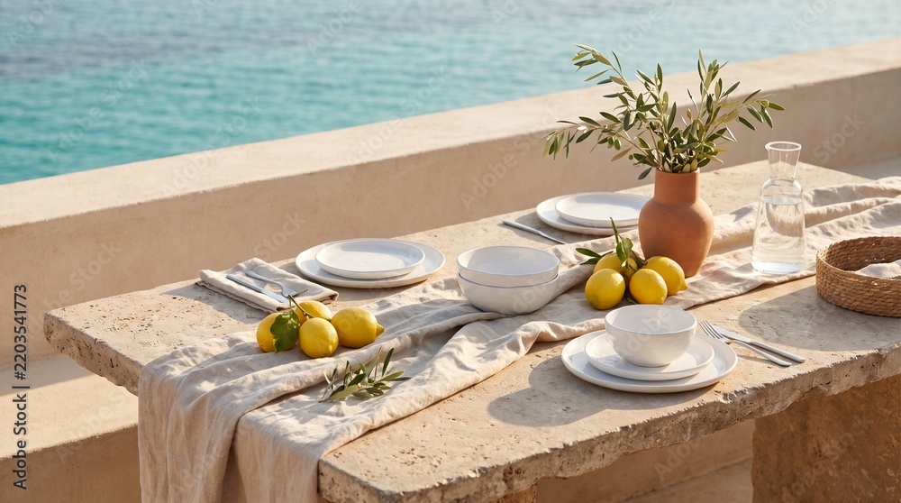 Fototapeta premium Mediterranean Summer Table with Lemons and Olive Branches