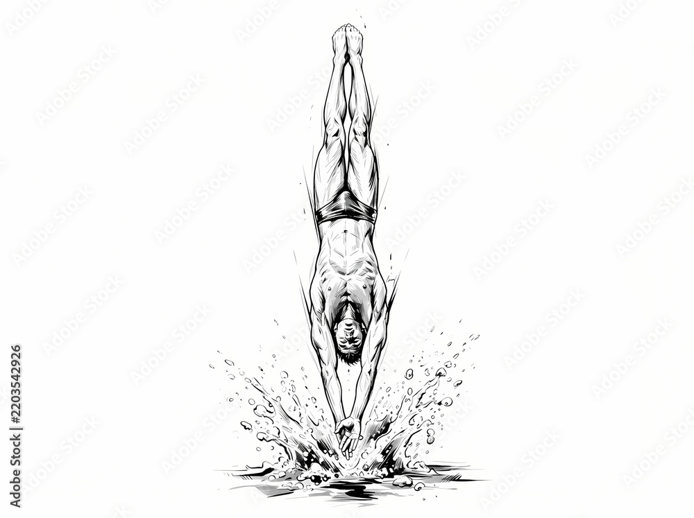 Obraz premium A detailed black and white sketch of a professional diver entering the water.