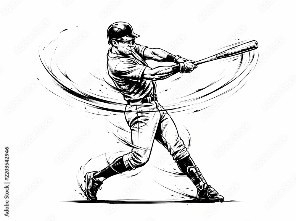 Obraz premium Dynamic black and white illustration of a baseball player swinging a bat.