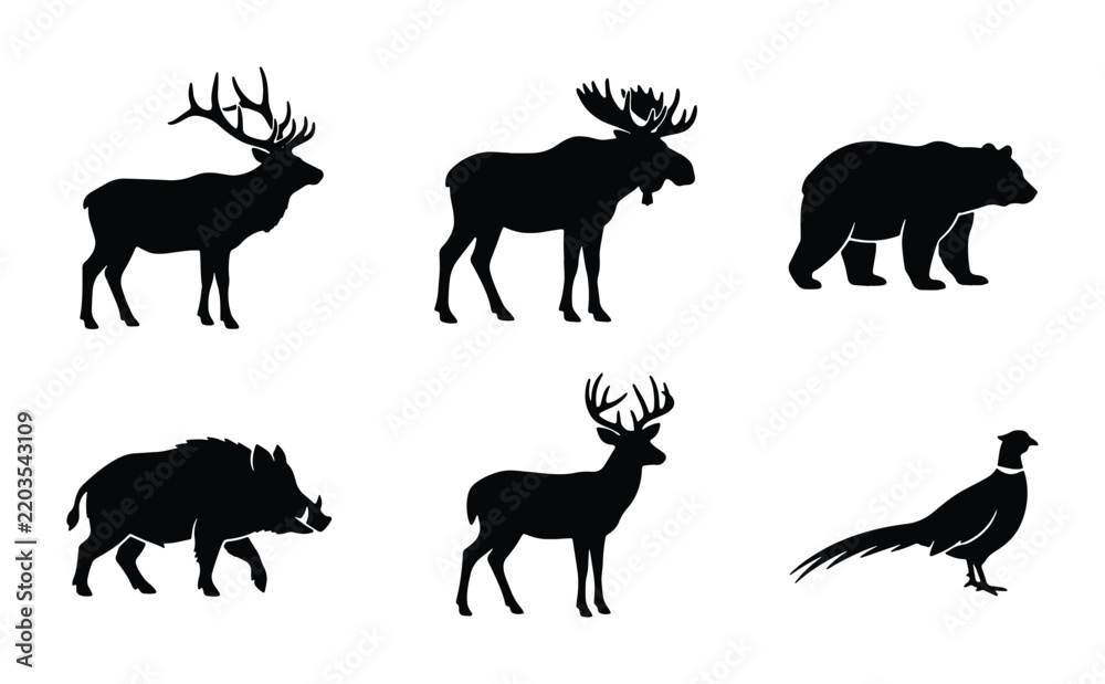Fototapeta premium Wildlife Silhouette Collection: Deer, Moose, Bear, Boar, Pheasant Vector Icons for Nature and Hunting Graphics