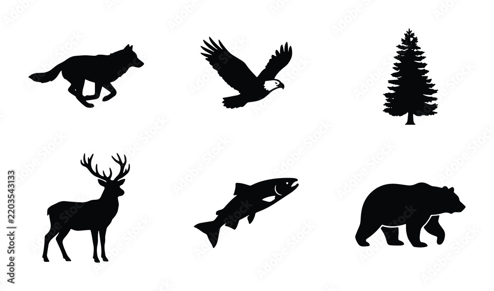 Obraz premium Wild Animal Silhouettes: Forest Creatures, Birds, and Fish Vector Icons for Nature Graphics