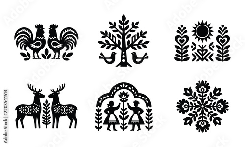 Folk Art Vector Icons: Roosters, Deer, Sun, Tree, People, Snowflake Motifs