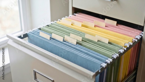 Color-coded file folders organized in an open filing cabinet representing office document management and organization 