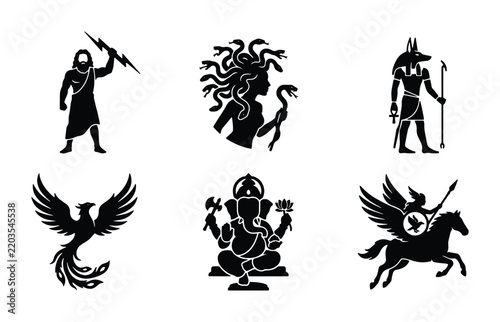 Mythological Icons Set: Greek Gods, Egyptian Deity, Phoenix, Ganesha, Pegasus Vector Art