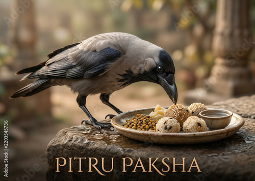 Crow Eating Pitru Paksha Offerings, Ancestor Worship Ritual, Spiritual India, Nature and Culture