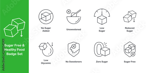 Sugar Free Icon Set for Product Packaging and Nutrition Labels. Includes modern line art elements