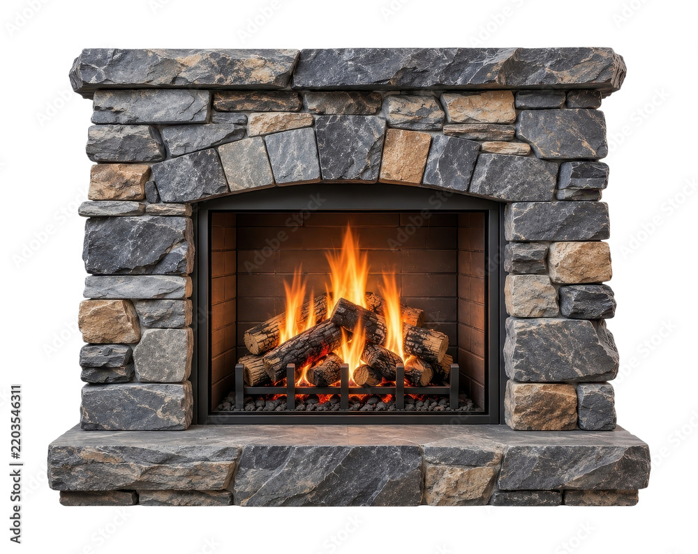 Obraz premium PNG Rustic stone fireplace with glowing flames and burning logs