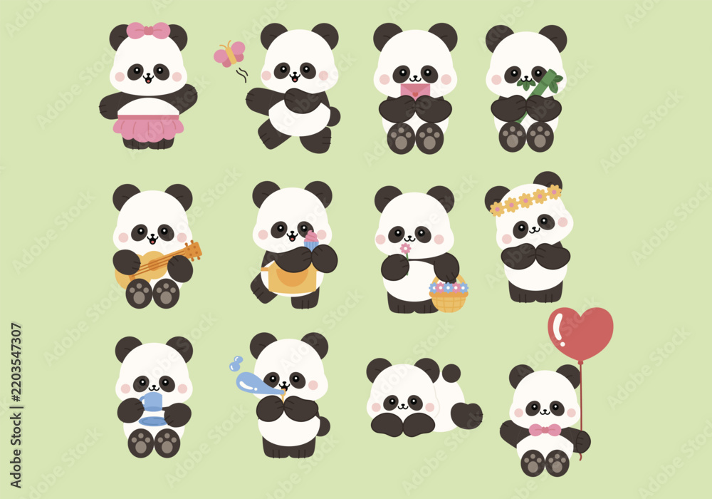Obraz premium Flat Cute Panda Characters Illustration Set