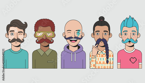 Картината върху платно Group of five diverse men with unique hairstyles, mustaches, and stylish clothing, representing modern urban masculinity and diversity
