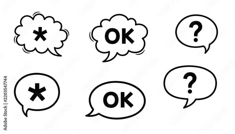 Obraz premium Set of six speech bubbles with asterisks, ok, and question marks, ideal for highlighting information or questions in diagrams.