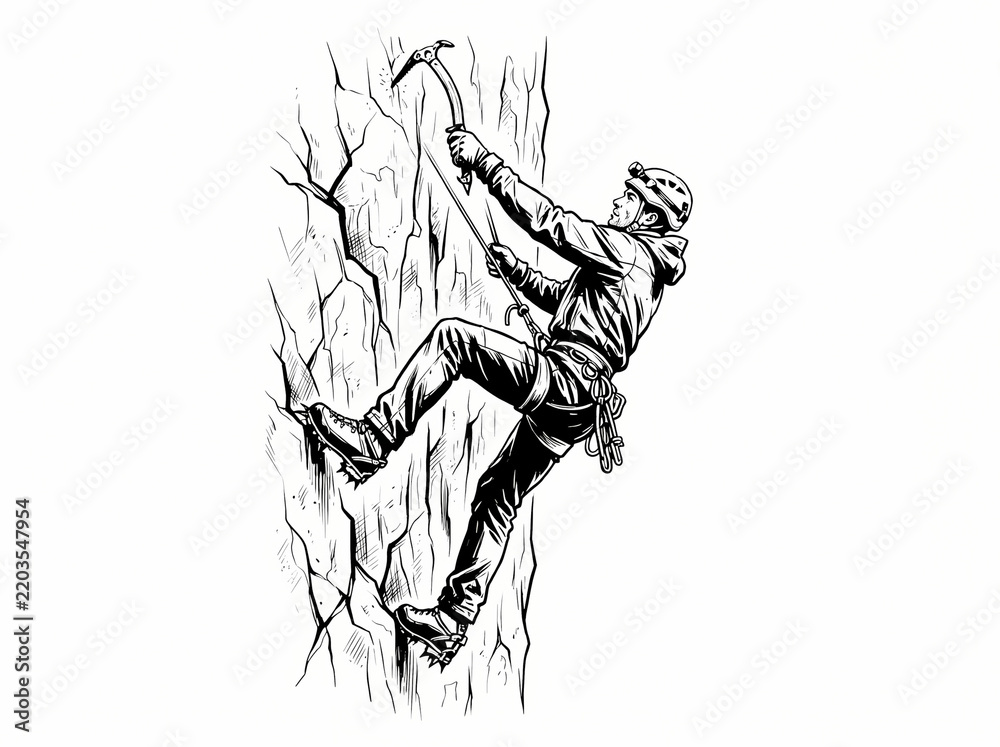 Fototapeta premium A detailed black and white illustration of a mountaineer climbing a steep rock face.